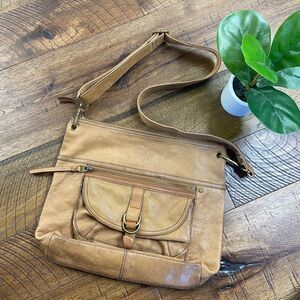 FOSSIL Womens Vintage Long Live Vintage Camel Leather Crossbody Satchel Bag